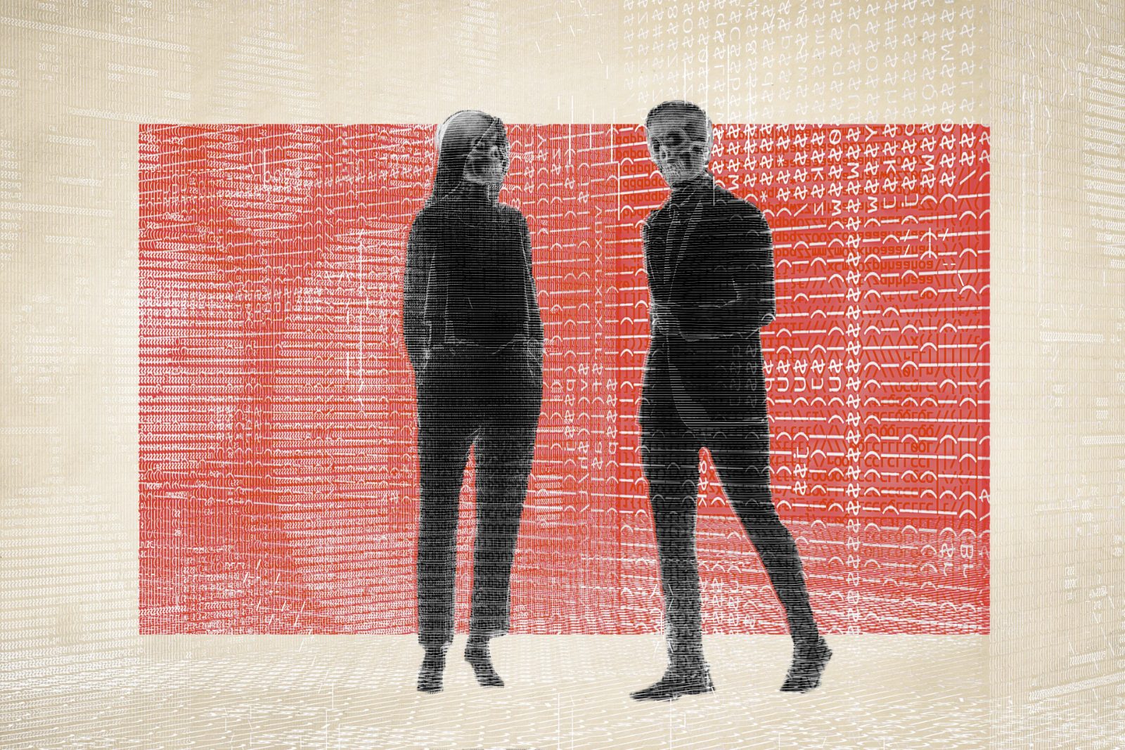 Two silhouetted figures facing each other against a red backdrop, overlaid with white symbols resembling digital code