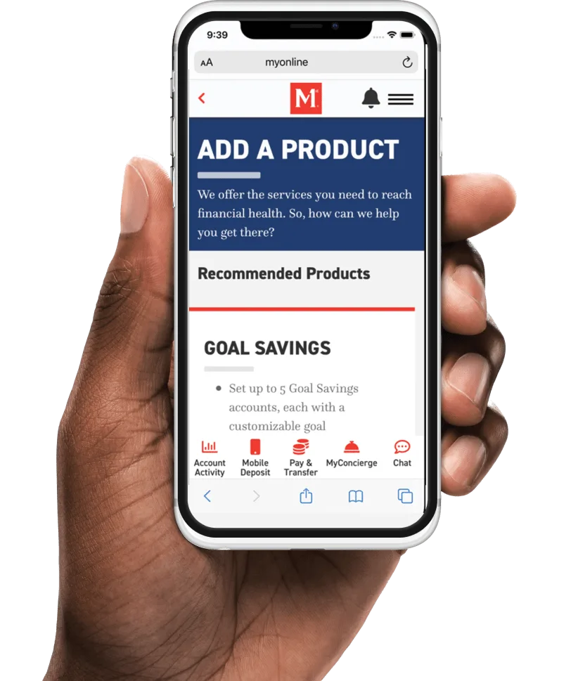 A hand holding a phone showing the Members 1st mobile app with recommended products and a MyConcierge tab