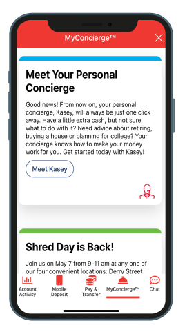 A phone showing the MyConcierge screen introducing a personal concierge and a community event card