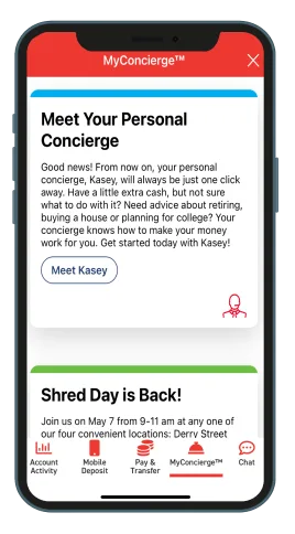 A phone showing the MyConcierge screen introducing a personal concierge and a community event card