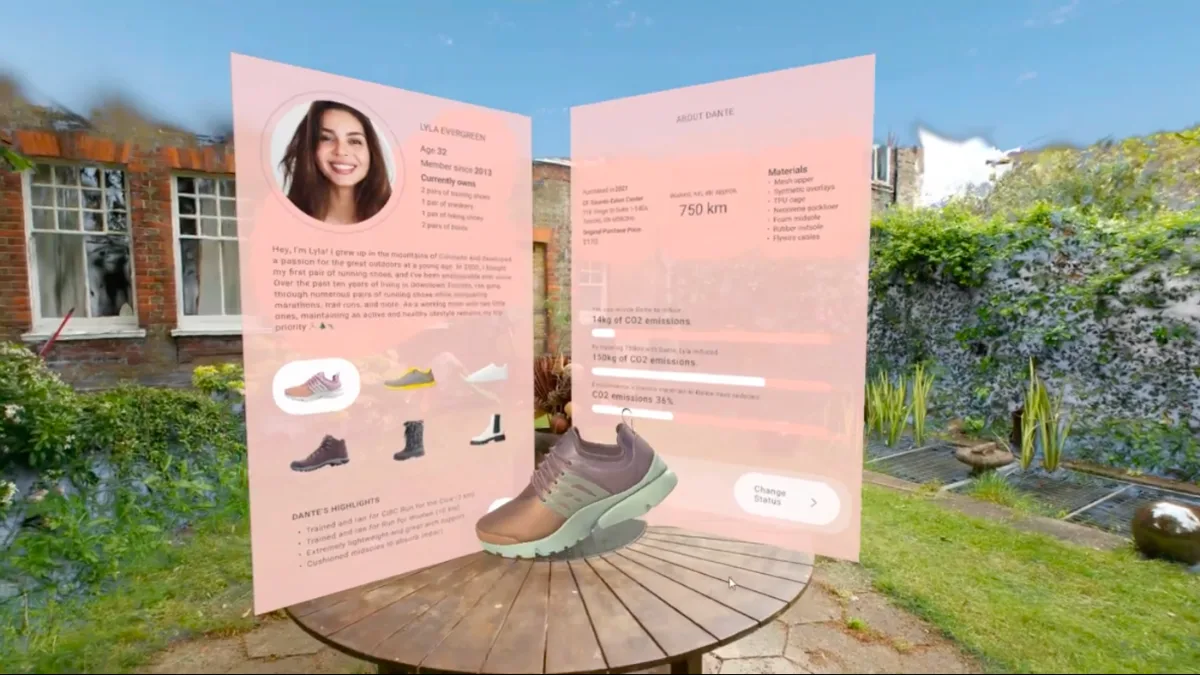 An AR shopping experience showing a 3D sneaker on a table with digital cards for owner history, materials and carbon footprint