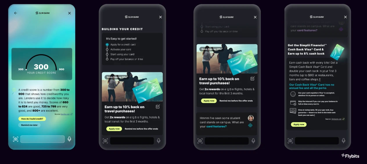 Smart Credit Builder: four card app screens showing a credit score, a credit-building checklist, a cash-back card offer and card feature details
