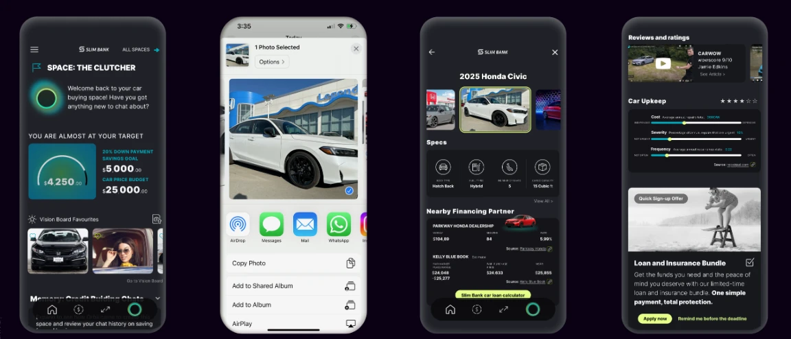 The Clutcher: four app screens showing a car-buying savings space with a down-payment target, a shared vehicle photo, a 2025 Honda Civic spec and financing comparison, and a loan and insurance bundle offer