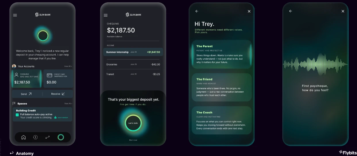 Four retail banking app screens: an agent noticing a new deposit, a chequing balance with a proactive prompt, a choice of assistant voices, and a voice check-in