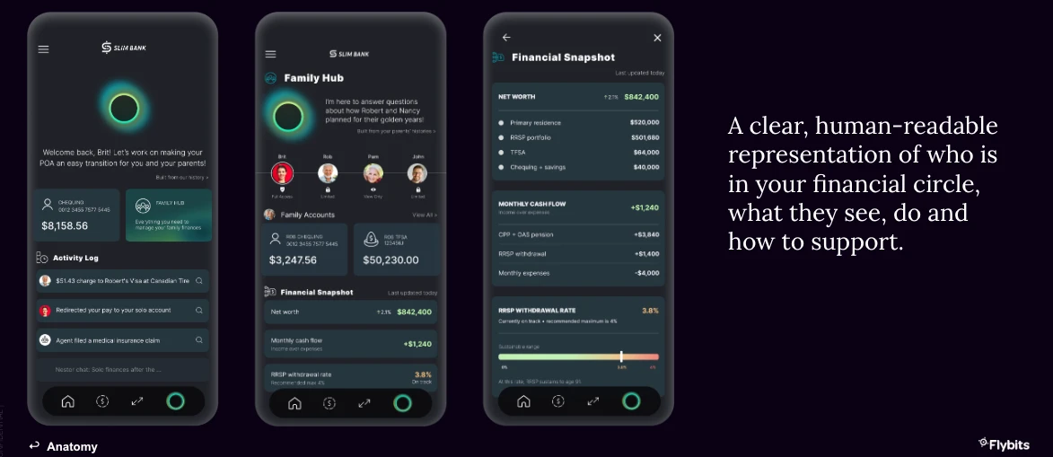 The Family Hub: three app screens showing a power-of-attorney transition assistant, a family accounts hub with member permissions, and a financial snapshot of net worth, cash flow and RRSP withdrawal rate