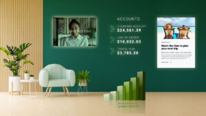 Metaverse meeting room space with account details on the wall, with advisor's live video on the wall